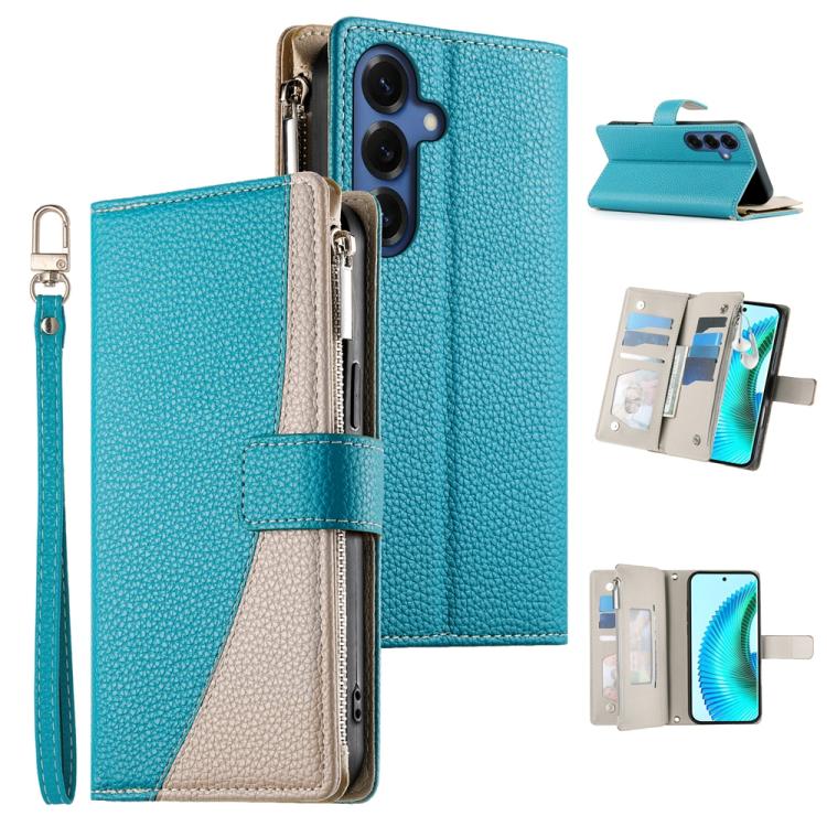 For Samsung Galaxy S26 5G Stitching Multi-card Zipper Wallet Leather Phone Case with Short Strap(Blue)