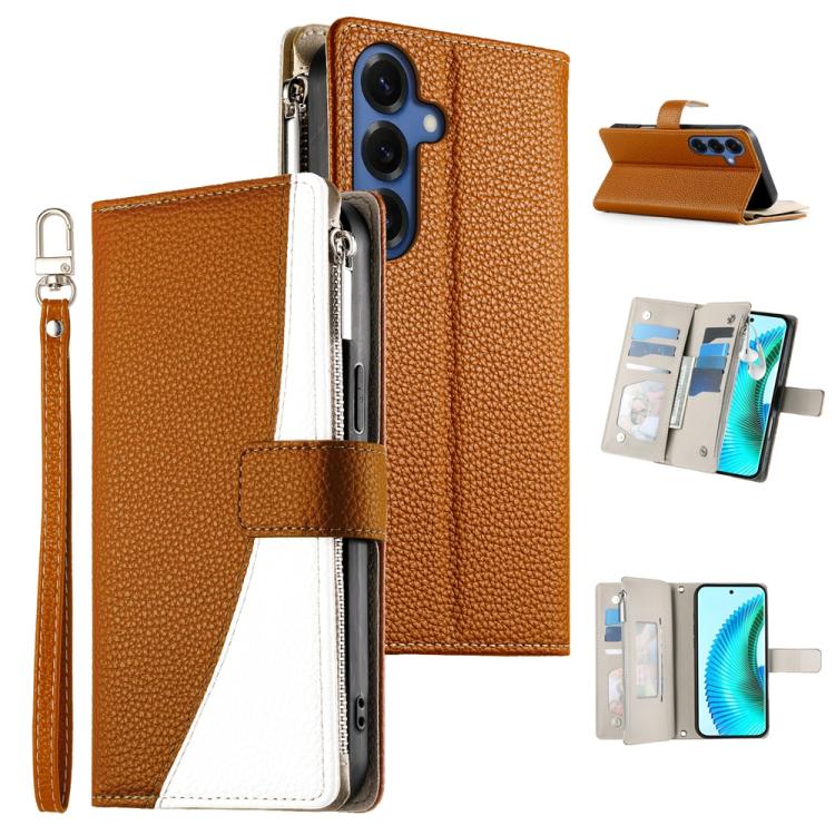 For Samsung Galaxy S26 5G Stitching Multi-card Zipper Wallet Leather Phone Case with Short Strap(Brown)
