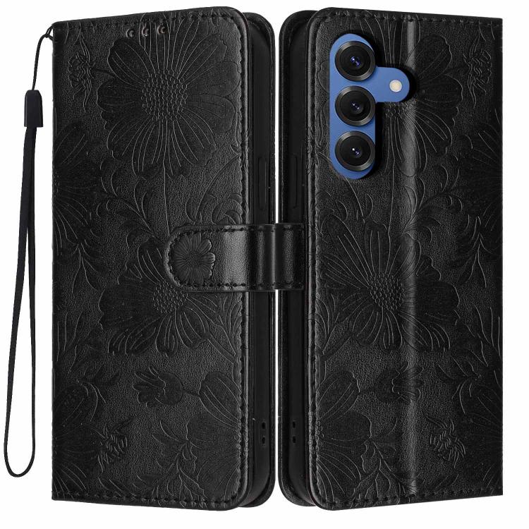 For Samsung Galaxy S26 5G Sunflower Embossed Vegan Leather Phone Case with Small Black Rope(Black)