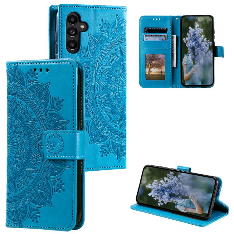 For Samsung Galaxy S26 5G Totem Flower Embossed Leather Phone Case with Lanyard(Blue)
