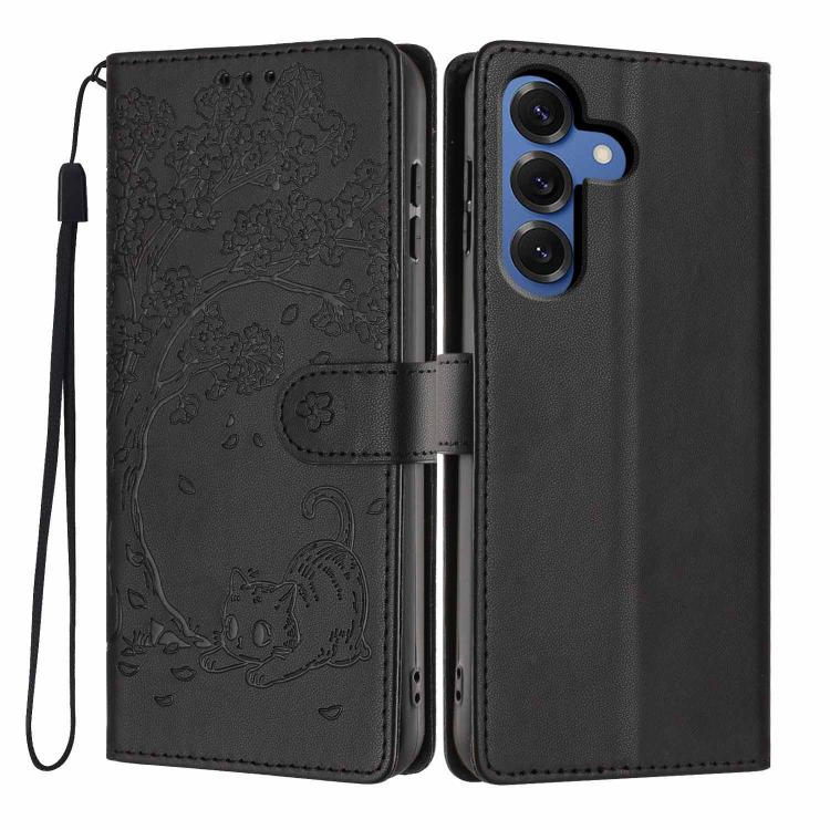 For Samsung Galaxy S26 5G Tree Cat Embossed Flip Vegan Leather Phone Case(Black)
