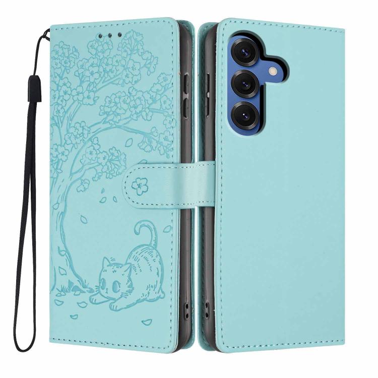For Samsung Galaxy S26 5G Tree Cat Embossed Flip Vegan Leather Phone Case(Light Green)