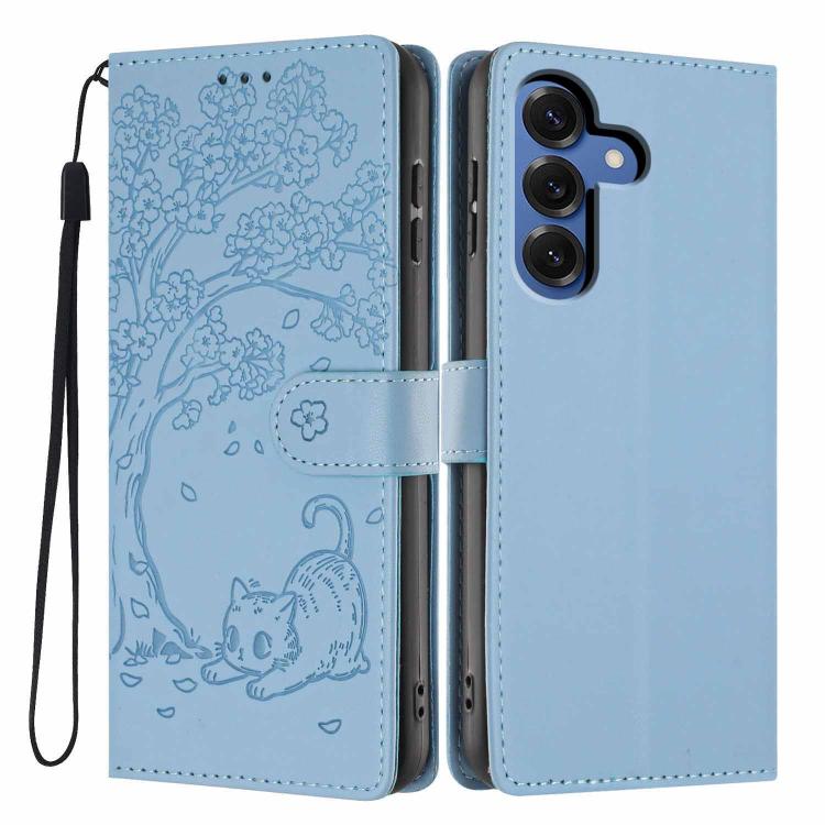 For Samsung Galaxy S26 5G Tree Cat Embossed Flip Vegan Leather Phone Case(Sky Blue)