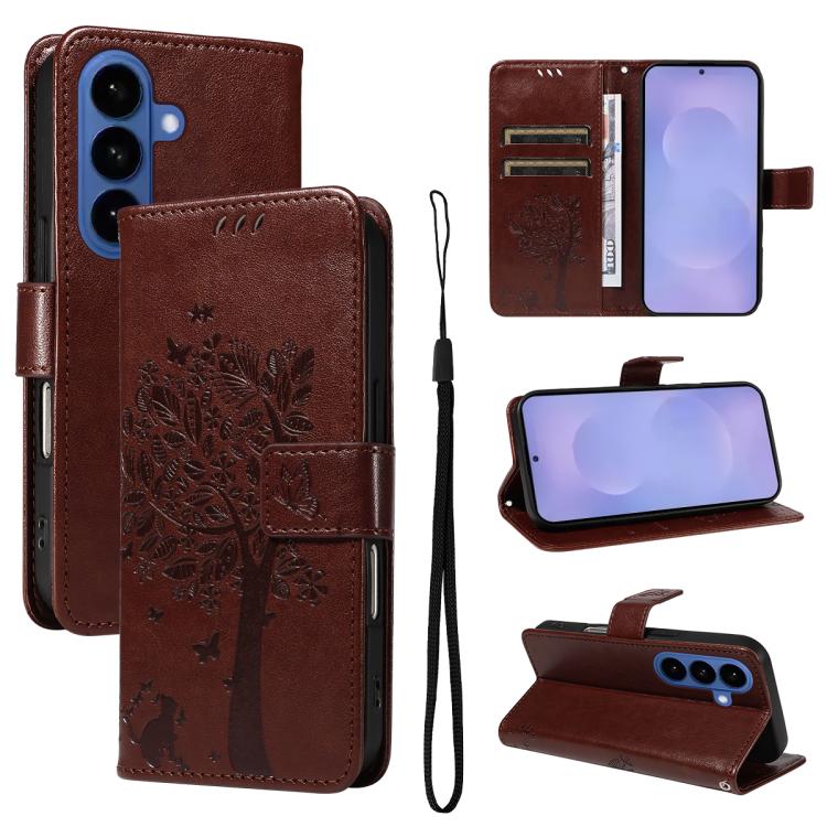 For Samsung Galaxy S26 5G Tree & Cat Embossed Pattern Flip Leather Phone Case(Coffee)