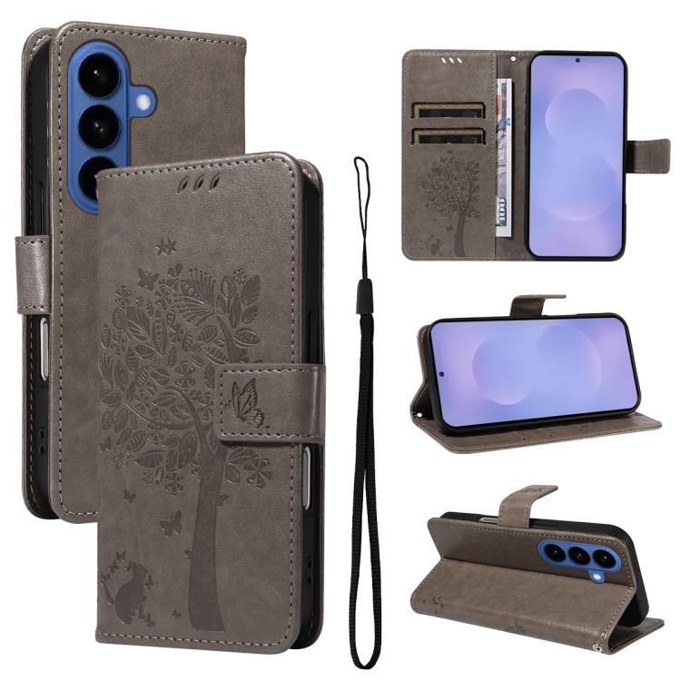 For Samsung Galaxy S26 5G Tree & Cat Embossed Pattern Flip Leather Phone Case(Grey)
