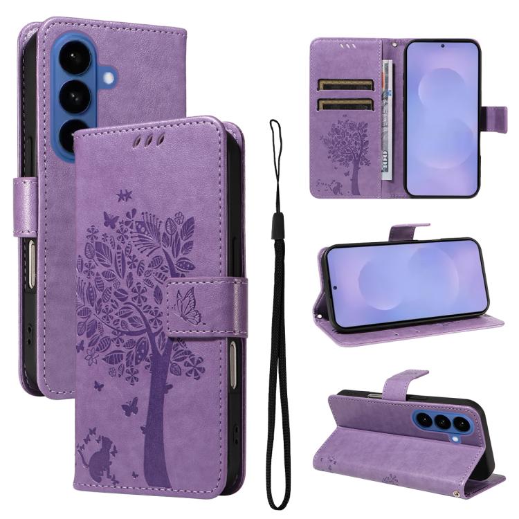 For Samsung Galaxy S26 5G Tree & Cat Embossed Pattern Flip Leather Phone Case(Light Purple)