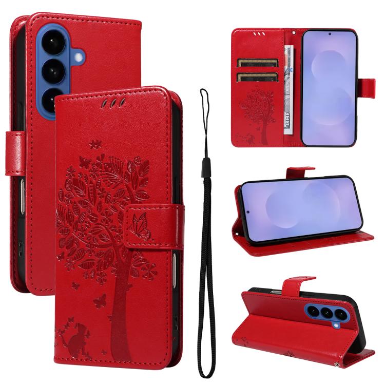 For Samsung Galaxy S26 5G Tree & Cat Embossed Pattern Flip Leather Phone Case(Red)