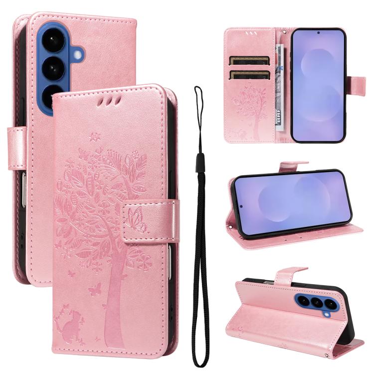 For Samsung Galaxy S26 5G Tree & Cat Embossed Pattern Flip Leather Phone Case(Rose Gold)