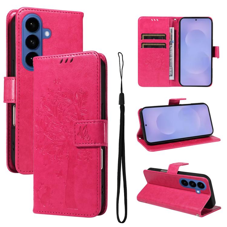 For Samsung Galaxy S26 5G Tree & Cat Embossed Pattern Flip Leather Phone Case(Rose Red)