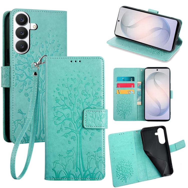 For Samsung Galaxy S26 5G Tree & Deer Embossed Leather Phone Case(Green)