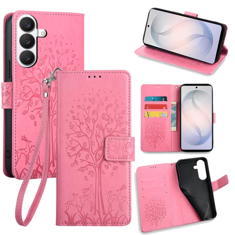 For Samsung Galaxy S26 5G Tree & Deer Embossed Leather Phone Case(Pink)