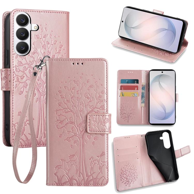For Samsung Galaxy S26 5G Tree & Deer Embossed Leather Phone Case(Rose Gold)