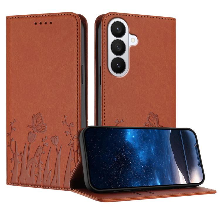 For Samsung Galaxy S26 5G Tulips Butterfly Pattern Magnetic Vegan Leather Phone Case(Coffee)