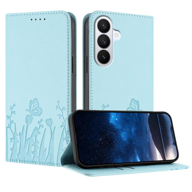 For Samsung Galaxy S26 5G Tulips Butterfly Pattern Magnetic Vegan Leather Phone Case(Light Blue)