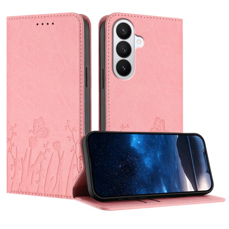 For Samsung Galaxy S26 5G Tulips Butterfly Pattern Magnetic Vegan Leather Phone Case(Pink)