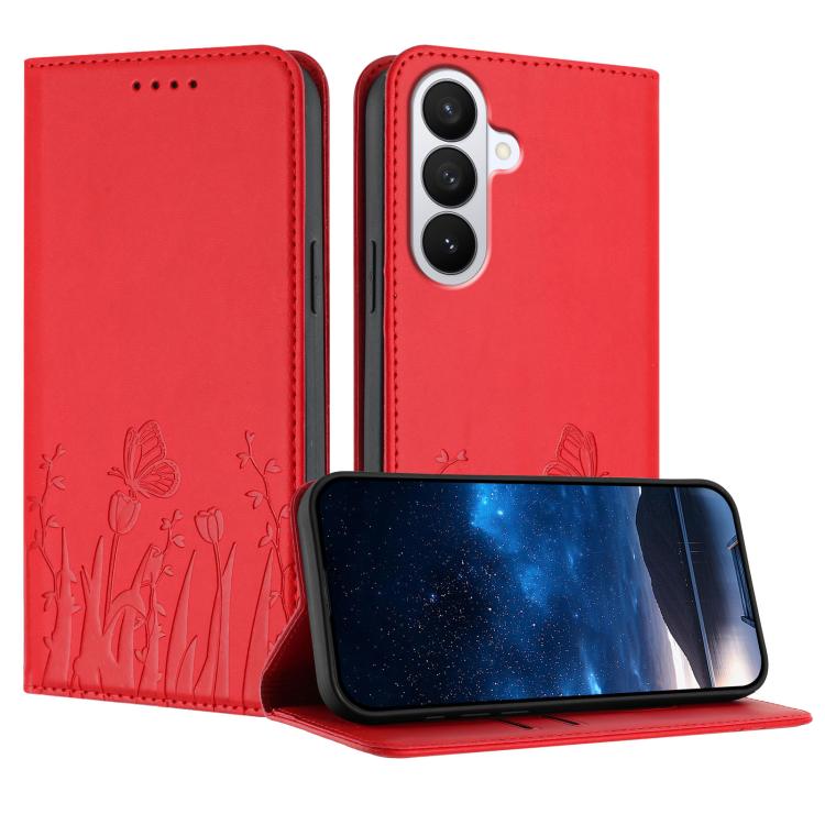 For Samsung Galaxy S26 5G Tulips Butterfly Pattern Magnetic Vegan Leather Phone Case(Red)