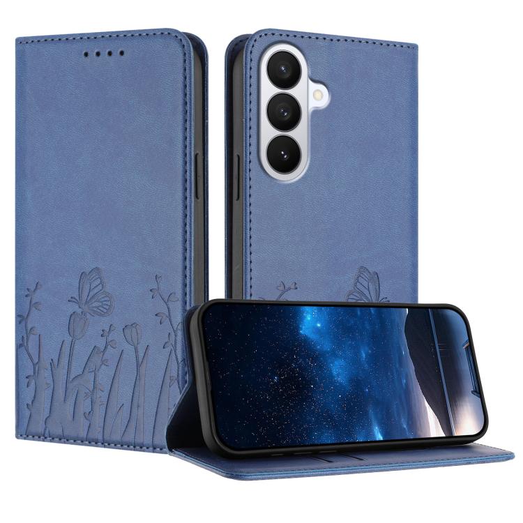 For Samsung Galaxy S26 5G Tulips Butterfly Pattern Magnetic Vegan Leather Phone Case(Royal Blue)