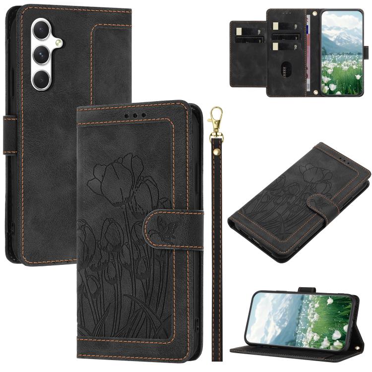 For Samsung Galaxy S26 5G Tulips Embossed Leather Phone Case with Lanyard(Black)