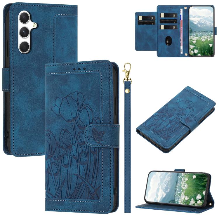 For Samsung Galaxy S26 5G Tulips Embossed Leather Phone Case with Lanyard(Blue)