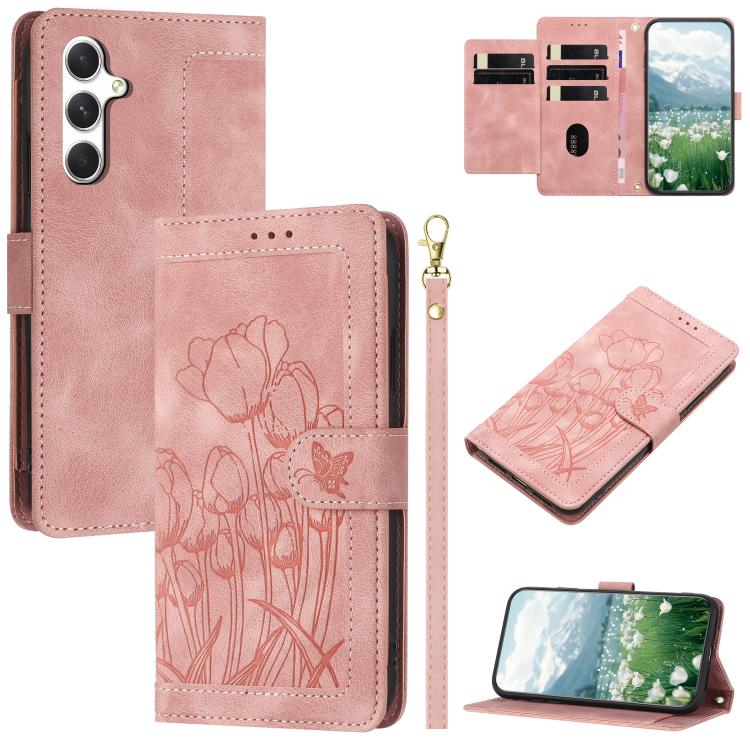 For Samsung Galaxy S26 5G Tulips Embossed Leather Phone Case with Lanyard(Pink)