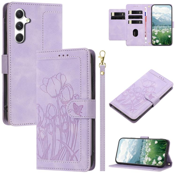 For Samsung Galaxy S26 5G Tulips Embossed Leather Phone Case with Lanyard(Purple)