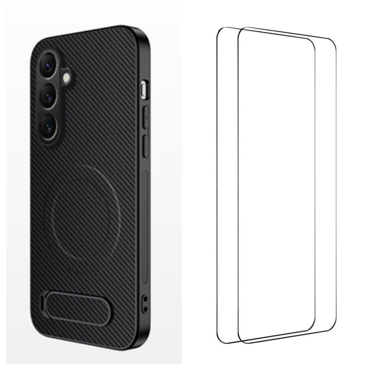 For Samsung Galaxy S26 5G WANLONFENG Kickstand Carbon Fiber Texture Magnetic Phone Case with 2pcs Screen Films(Black)
