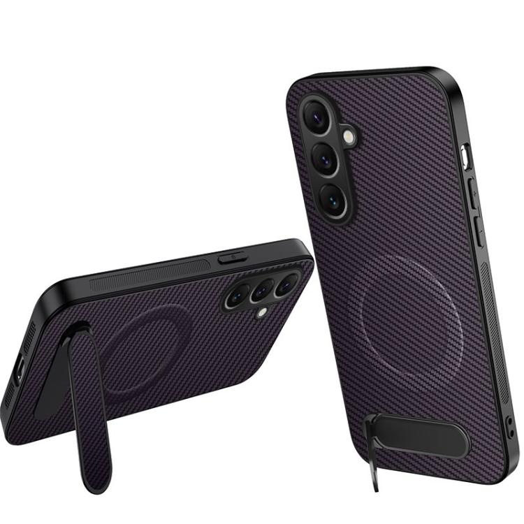 For Samsung Galaxy S26 5G WANLONFENG Kickstand Carbon Fiber Texture Magnetic Phone Case(Purple)