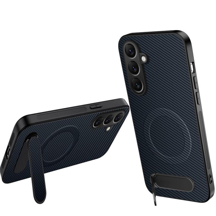 For Samsung Galaxy S26 5G WANLONFENG Kickstand Carbon Fiber Texture Magnetic Phone Case(Sapphire Blue)