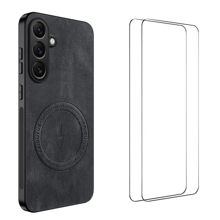 For Samsung Galaxy S26 5G WANLONFENG Nappa Texture Magnetic Phone Case with 2pcs Screen Films(Black)