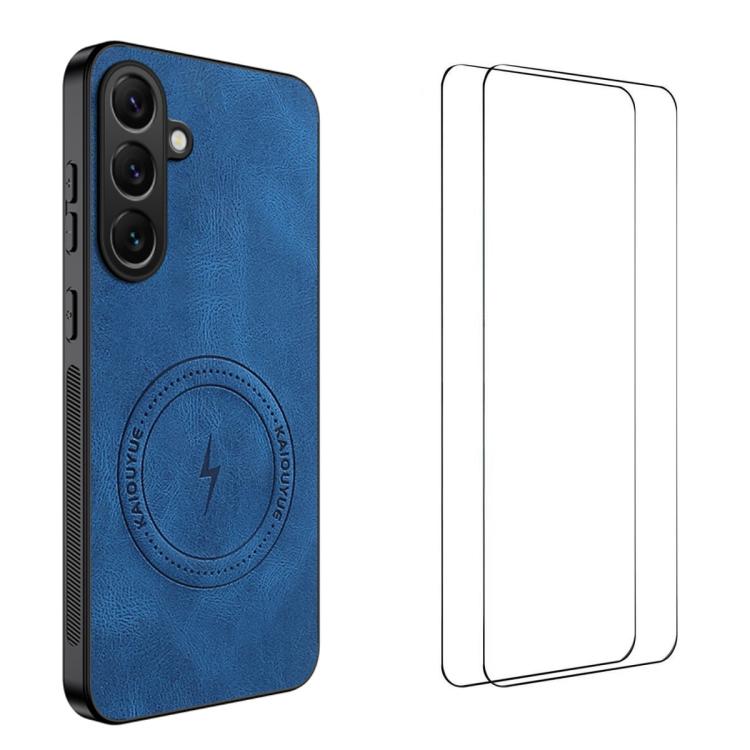 For Samsung Galaxy S26 5G WANLONFENG Nappa Texture Magnetic Phone Case with 2pcs Screen Films(Blue)