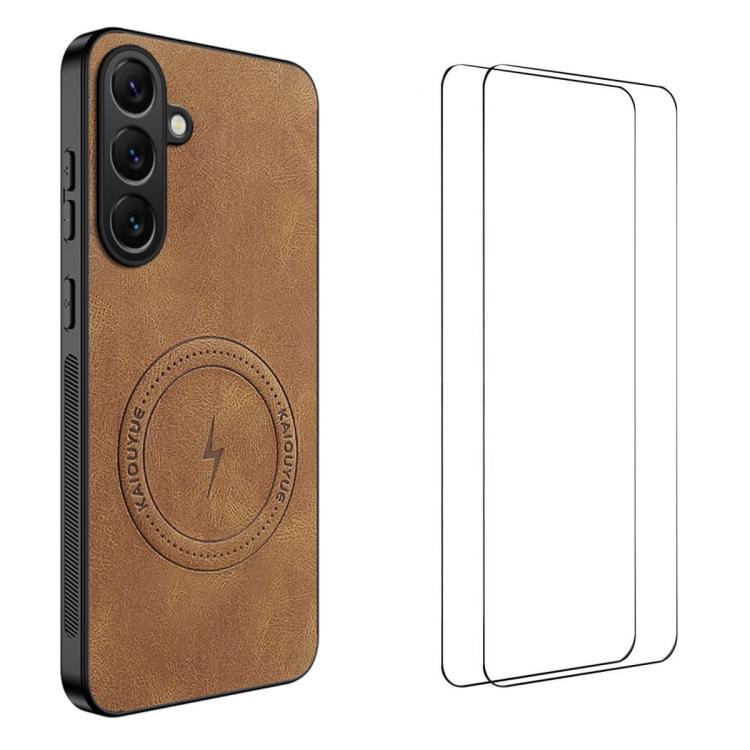 For Samsung Galaxy S26 5G WANLONFENG Nappa Texture Magnetic Phone Case with 2pcs Screen Films(Brown)