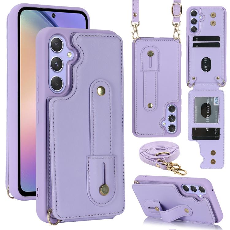 For Samsung Galaxy S26 5G Wristband Vertical Flip Wallet Back Cover Phone Case with Long Lanyard(Purple)