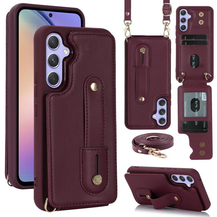 For Samsung Galaxy S26 5G Wristband Vertical Flip Wallet Back Cover Phone Case with Long Lanyard(Wine Red)