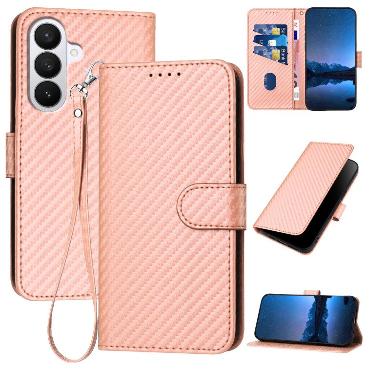 For Samsung Galaxy S26 5G YX0070 Carbon Fiber Buckle Leather Phone Case with Lanyard(Pink)