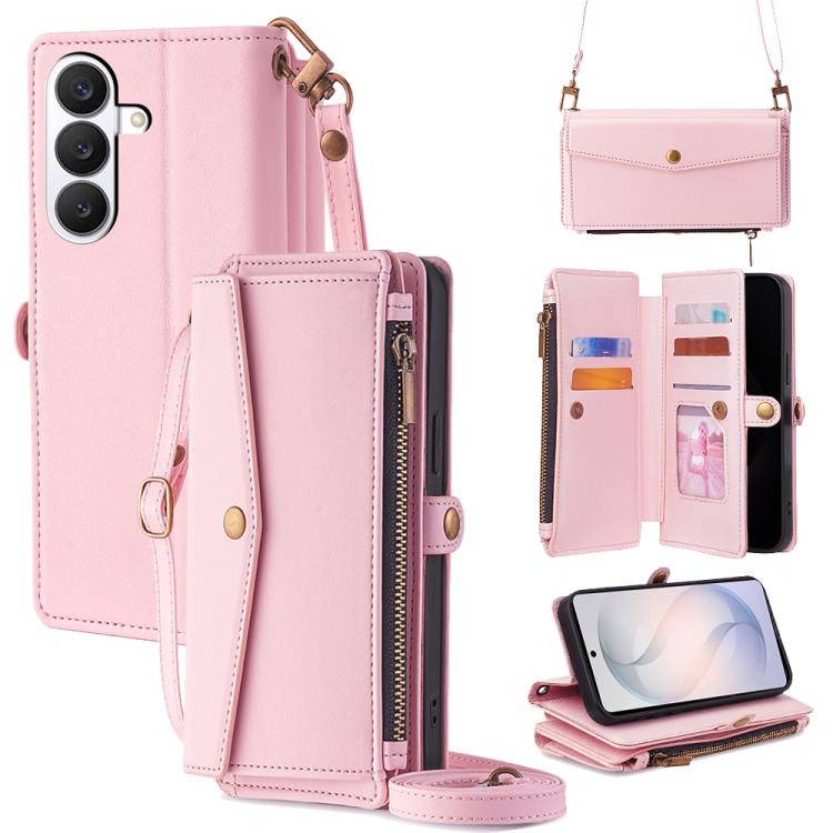 For Samsung Galaxy S26 5G Zipper Wallet Side Buckle Crossbody Lanyard Leather Phone Case(Rose Gold)