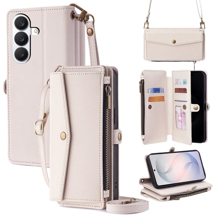 For Samsung Galaxy S26 5G Zipper Wallet Side Buckle Crossbody Lanyard Leather Phone Case(White)