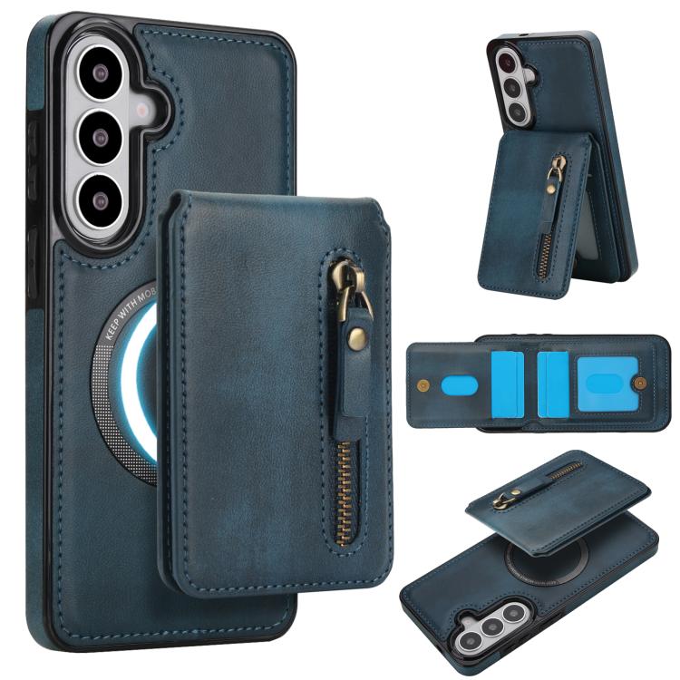 For Samsung Galaxy S26 5G Zipper Wallet Split MagSafe Leather Back Phone Case(Blue)