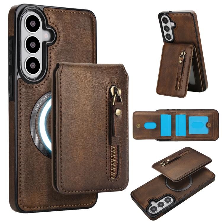 For Samsung Galaxy S26 5G Zipper Wallet Split MagSafe Leather Back Phone Case(Brown)