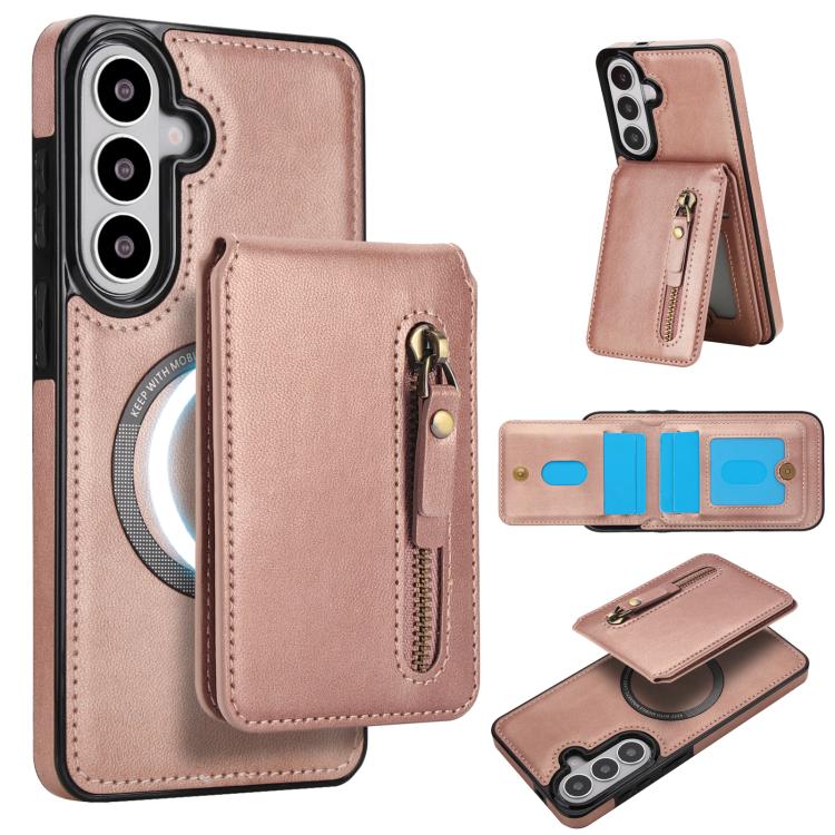 For Samsung Galaxy S26 5G Zipper Wallet Split MagSafe Leather Back Phone Case(Rose Gold)