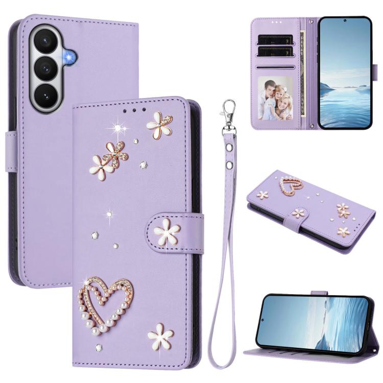For Samsung Galaxy S26 5G ZS01 Double-Layer Heart Floral Vegan Leather Phone Case with Wrist Strap(Light Purple)
