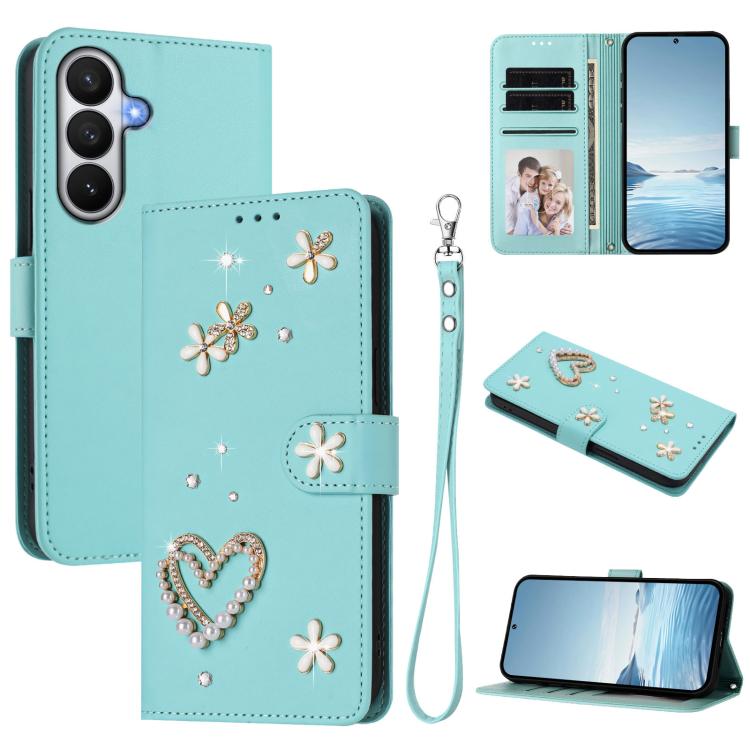 For Samsung Galaxy S26 5G ZS01 Double-Layer Heart Floral Vegan Leather Phone Case with Wrist Strap(Mint Green)