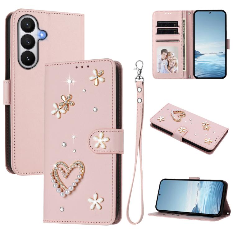 For Samsung Galaxy S26 5G ZS01 Double-Layer Heart Floral Vegan Leather Phone Case with Wrist Strap(Pink)
