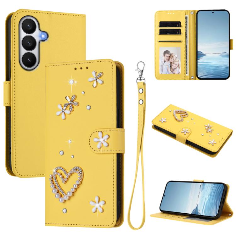 For Samsung Galaxy S26 5G ZS01 Double-Layer Heart Floral Vegan Leather Phone Case with Wrist Strap(Yellow)