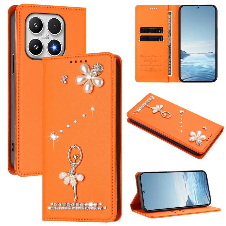 For Xiaomi 17 5G Ballet Girl Diamond Studded RFID Vegan Leather Phone Case(Orange)
