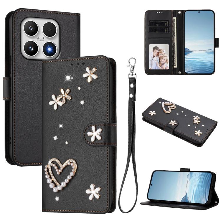 For Xiaomi 17 5G ZS01 Double-Layer Heart Floral Vegan Leather Phone Case with Wrist Strap(Black)