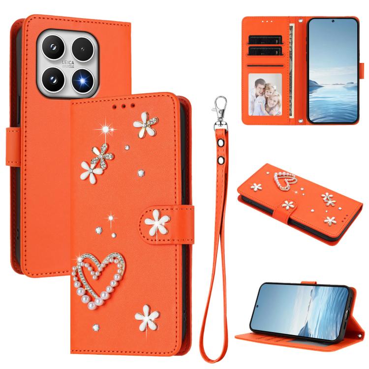 For Xiaomi 17 5G ZS01 Double-Layer Heart Floral Vegan Leather Phone Case with Wrist Strap(Orange)