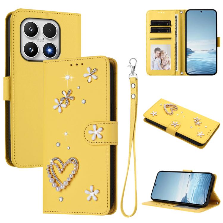 For Xiaomi 17 5G ZS01 Double-Layer Heart Floral Vegan Leather Phone Case with Wrist Strap(Yellow)