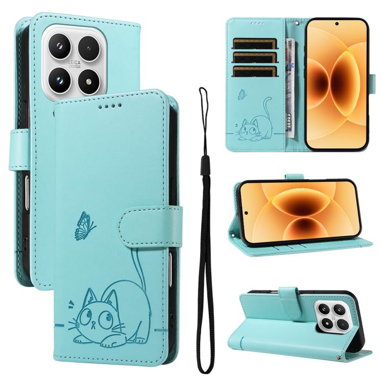 For Xiaomi 17 Adorable Cat Embossed Pattern Flip Leather Phone Case(Green)