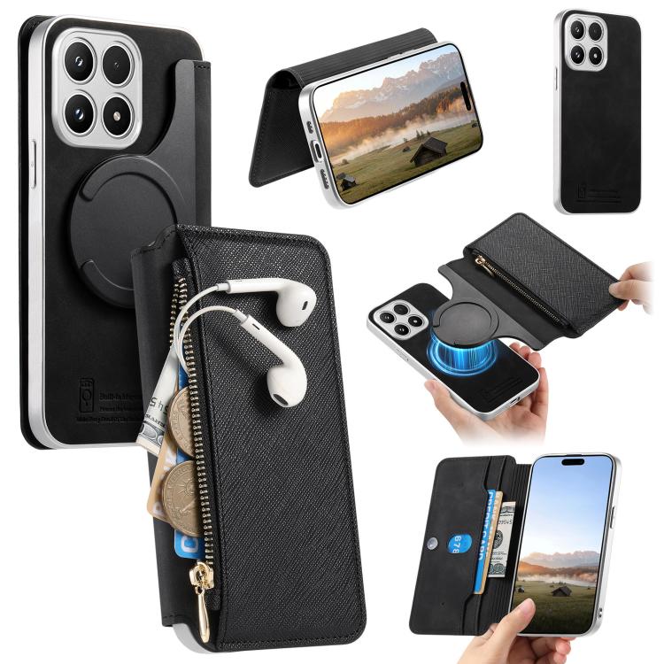 For Xiaomi 17 CaseNeo Precision Hole Silver-Edged Magnetic Zipper Wallet Cross-Grain Vegan Leather Phone Case(Black)