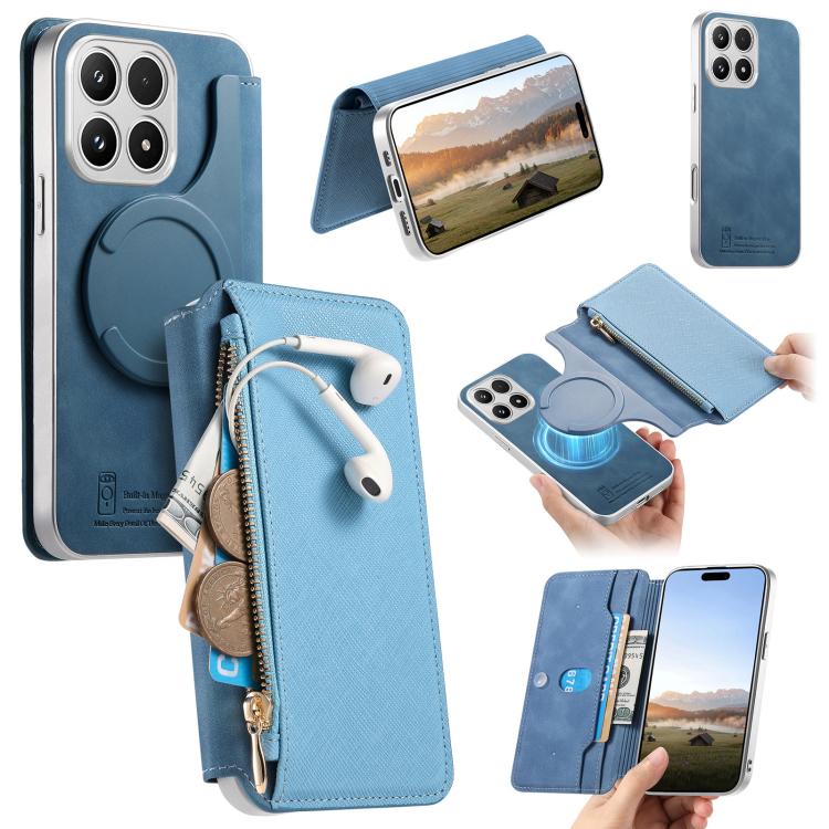 For Xiaomi 17 CaseNeo Precision Hole Silver-Edged Magnetic Zipper Wallet Cross-Grain Vegan Leather Phone Case(Blue)